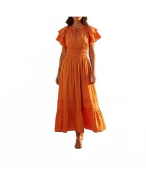 She + Sky Ruffled Sleeve Waist Elastic Side Pocket Midi Dress - Orange