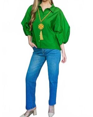 P.Cill Poplin Bishop Sleeve Button Up Blouse - Green