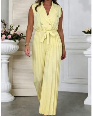 TRUEDAMES Summer Sleeveless V-Neck Tie-Front Pleated Jumpsuit Dress - Yellow