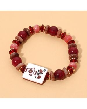 Fashnzfab Mahjong Tile Charm Accent Beaded Stretch Bracelet - Red