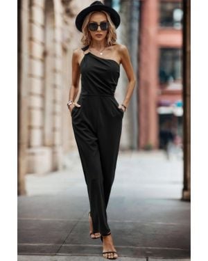 TRUEDAMES Solid One Slash Shoulder Ruched Sleeveless Jumpsuit - Black