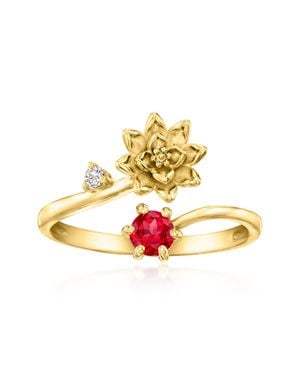 Ross-Simons Waterlily Flower/July Birthstone Ring With Lab-Grown Ruby And Single Lab-Grown Diamond - Metallic