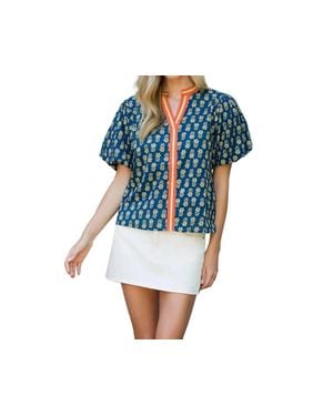 Thml Puff Sleeve Floral Detailed V Neck Top - Blue