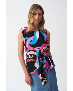 Joseph Ribkoff Brushstroke Print Waist Sash Sleeveless Top - Red