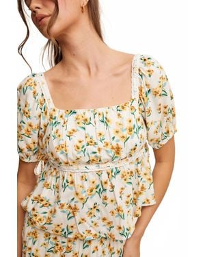 Listicle Flower Print Pleated Babydoll Top - Natural