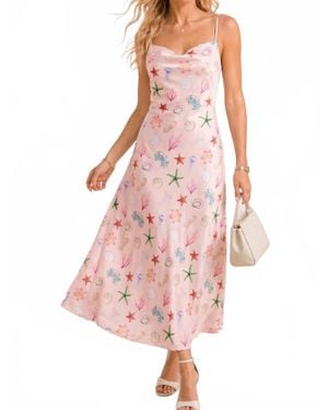 Main Strip Seashell Coastal Print Slip Midi Dress - Pink