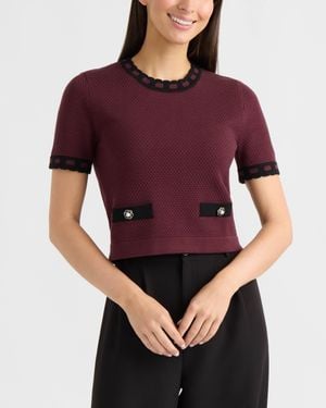 Ellen Tracy Short Sleeve Sweater With Contrast Trim - Purple