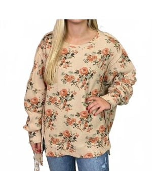 Bibi Floral Cut Edge Oversized Waffle Thermal Top - Brown