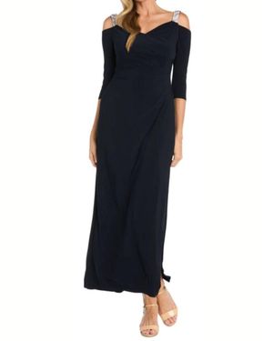 R & M Richards Rhinestone Cold Shoulder Long Evening Dress - Blue