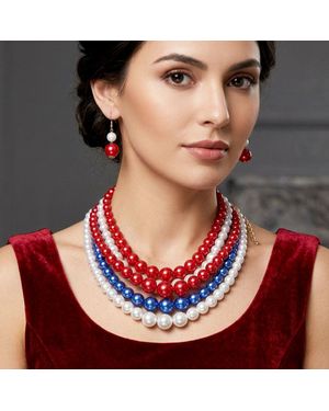 Fashnzfab Pearl Strand Bib Necklace - Red