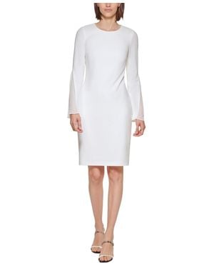 Calvin Klein Dress Chiffon Bell Sleeve Round Neck Sheath Jdm1812 - White