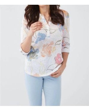 Fdj Floral Tab Up Three Quarter Sleeve Blouse - White