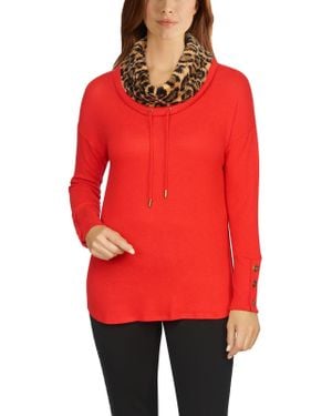 Ruby Rd. Faux Fur Trim Cowl Neck Pullover Top - Red
