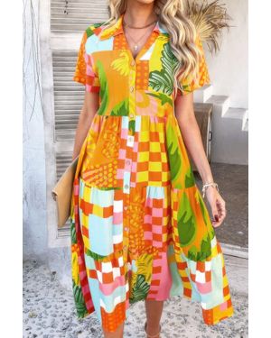TRUEDAMES Allover Printed Button Down Ruched Long Dress - Yellow