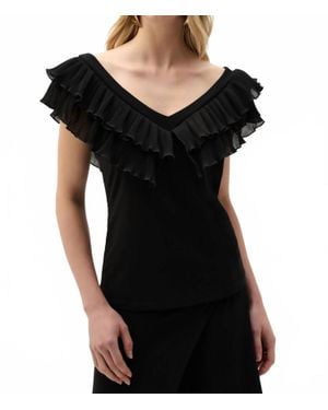 Joseph Ribkoff Silky Knit And Georgette Fitted Top With Pleats - Black