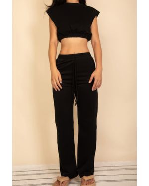 TRUEDAMES Elastic Hem Crop Top & Wide Leg Pants Set With Faux Drawstring - Black