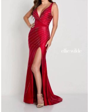 Ellie Wilde Mesh Hot Stone Asymmetrical Prom Dress - Red
