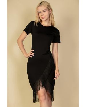 Fashnzfab Fringe Hem Short Sleeve Bodycon Midi Pencil Dress - Black