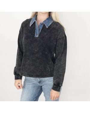 Mystree Denim Collar Washed Polo Shirt - Black