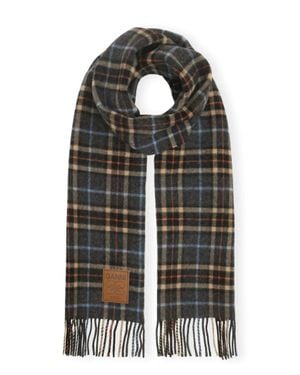 Ganni Double Face Wool Check Scarf in Green | Lyst