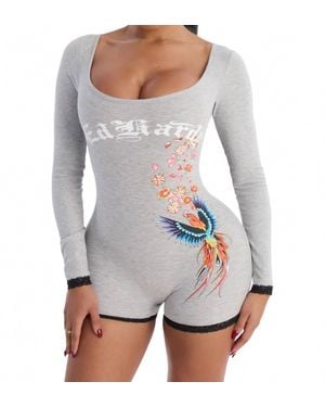 Ed Hardy Phoenix Long Sleeve Short Lace Romper - Gray