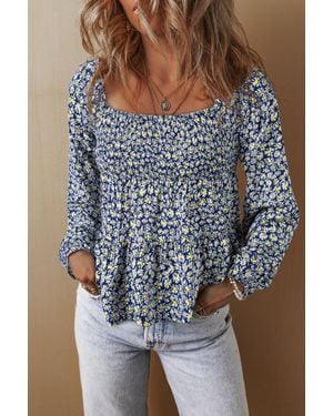 TRUEDAMES Boho Floral Print Smocked Square Neck Loose Fit Blouse - Blue