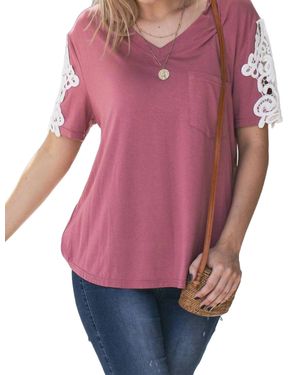 And The Why Lace Sleeve V Neck Pocket Top - Pink