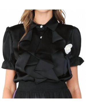 Beulahstyle Desiree Ruffle And Rose Accent Satin Blouse - Black