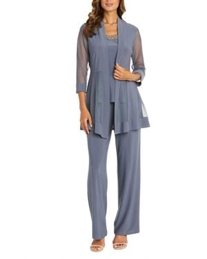 R & M Richards Embellished Neck 2-Piece Pants Suit - Blue