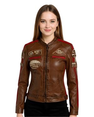 Infinity Leather Leather Biker Racing Badges Jacket-Dalby - Brown