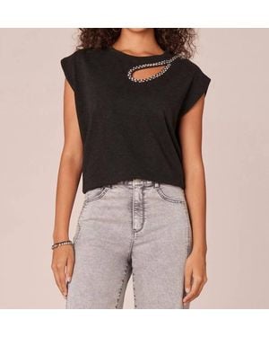Democracy Extended Cap Sleeve Crew Neck Top With Rhinestone - Black