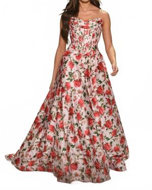 Sherri Hill Strapless Floral Gown With Corset Bodice - Red