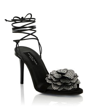 Philipp Plein Lace-Up High Heels Sandals Strass Flower 9 - Black