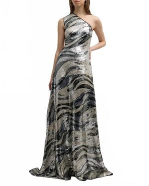 Naeem Khan Swirly Sequin One-Shoulder A-Line Gown - Gray