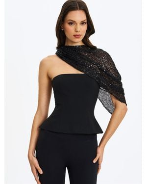 Miss Circle Quinette Peplum Top With Beaded Asymmetrical Cape - Black