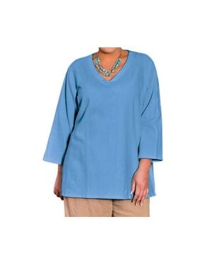 On The Plus Side Crinkle Cotton Long Sleeve Tunic - Blue