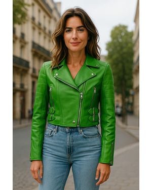 Infinity Leather Burgundy Cropped Brando Leather Biker Jacket-Durban - Green