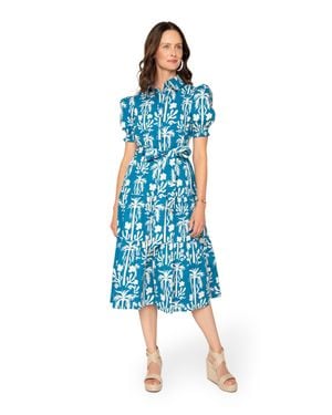 Leota Octavia Puff Sleeve Shirt Dress Palm Fields Mykonos - Blue