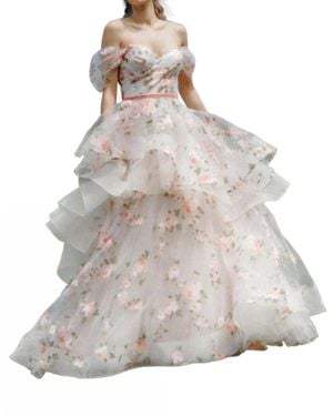Watters Rosabel Layered Skirt Floral Print Wedding Gown - Gray