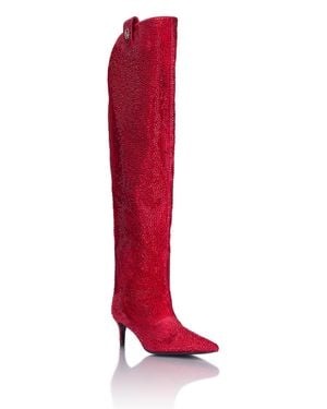 Philipp Plein Low-Heel Overknee Boots Mixed Strass 6 - Red