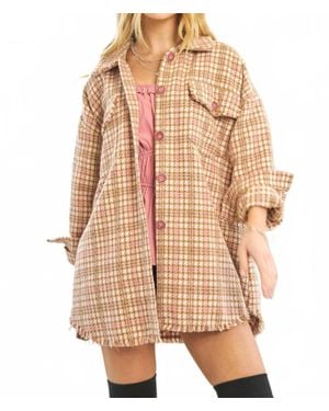 Davi & Dani Plaid Long Sleeve Jacket With Front Pocket - Brown