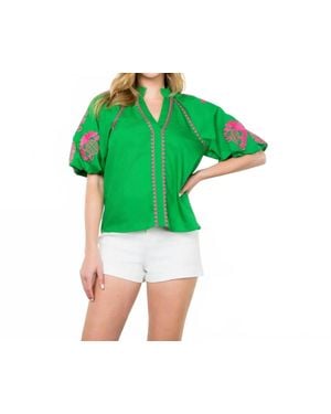Thml Embroidered Puff Sleeve Top - Green