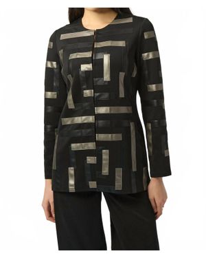 Joseph Ribkoff Scuba & Leatherette Collarless Jacket - Black