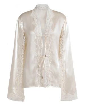Alberta Ferretti Satin-Finish Blouse With Delicate Lace Trim And Tie Closures - White
