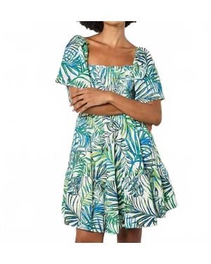 Apricot Leaf Print Anglaise Dress - Blue