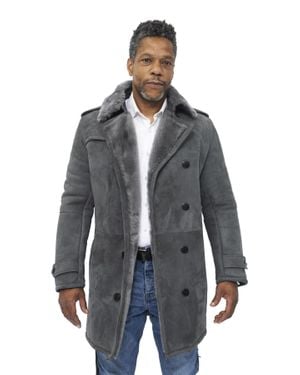 Infinity Leather Shearling Sheepskin Suede Pea Coat-Kempston - Gray