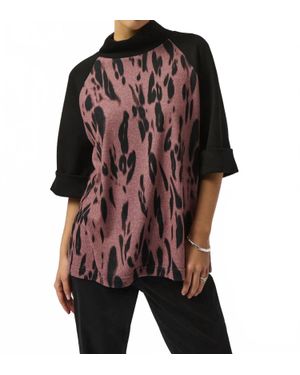 Joseph Ribkoff Animal Print Funnel Collared 3/4 Sleeves Straight Top - Black