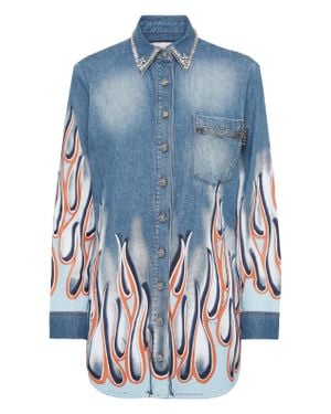 Philipp Plein Denim Shirt Ls Flame Racing - Blue
