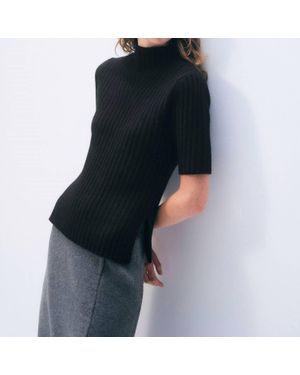 White + Warren Cashmere Ribbed Mockneck Top - Blue