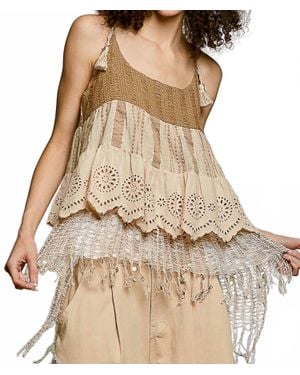 Pol Sleeveless Crochet Patch Plaid Eyelet Top - Brown